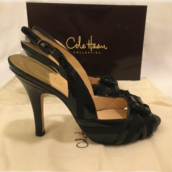 Cole Haan Tivona Slingback Heel. Nike Air. Black Patent Leather/Grosgrain.Size 8 - Picture 1 of 16
